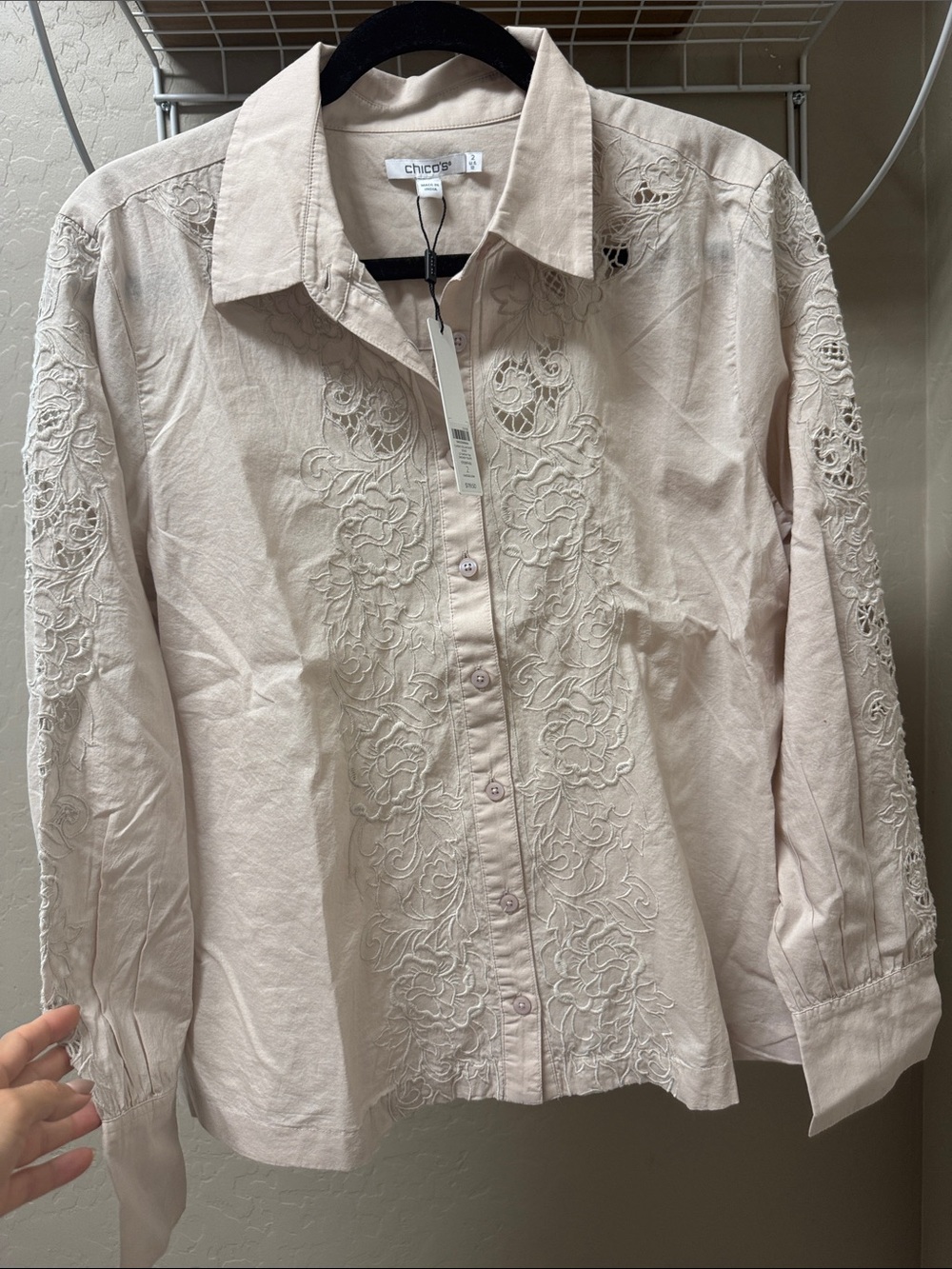 Chico's Classic Collar Shirt Smokey Taupe Button-Front Top with Label Detail